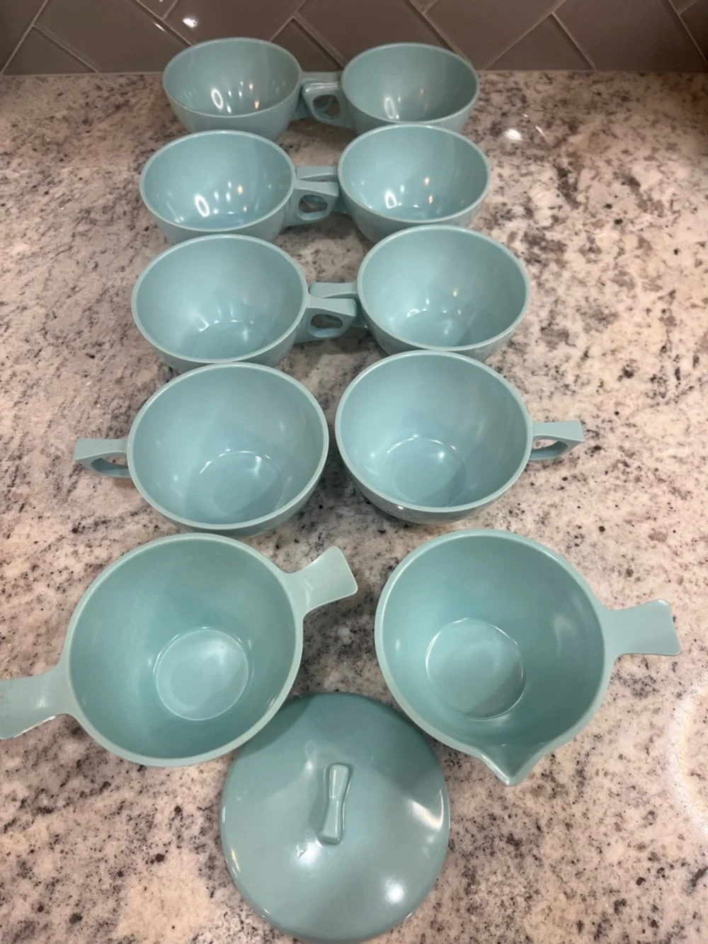 Vintage Stetson Melmac Mugs, Creamer and Sugar Bowl Set - Robin's Egg Blue 11 Pc